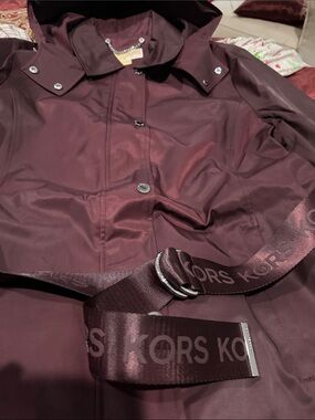 Michael Kors Burgundy Hooded Rain Jacket with Logo Belt